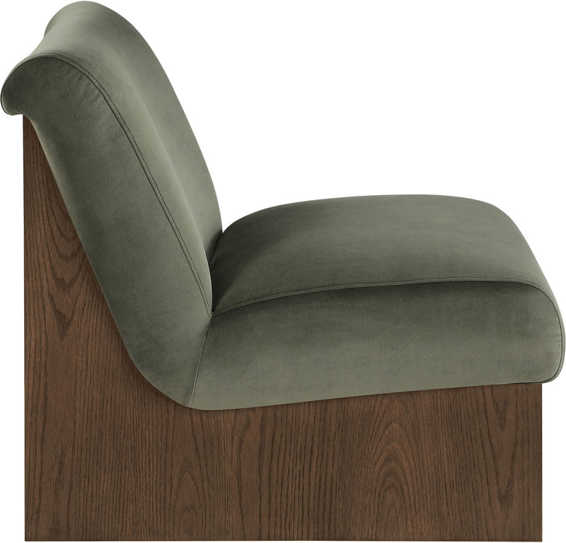 Vantage velvet performance accent chair, sage green upholstery with dark wood base
