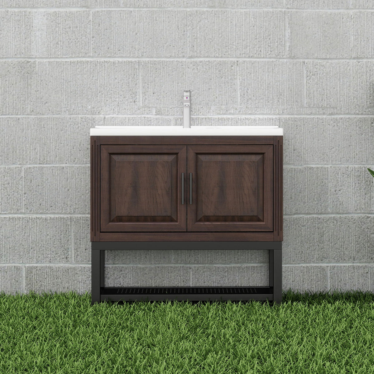 Modern Freestanding Bathroom Vanity With Ceramic Sink, Hot And Cold Faucet, Storage Cabinet & Open Shelf