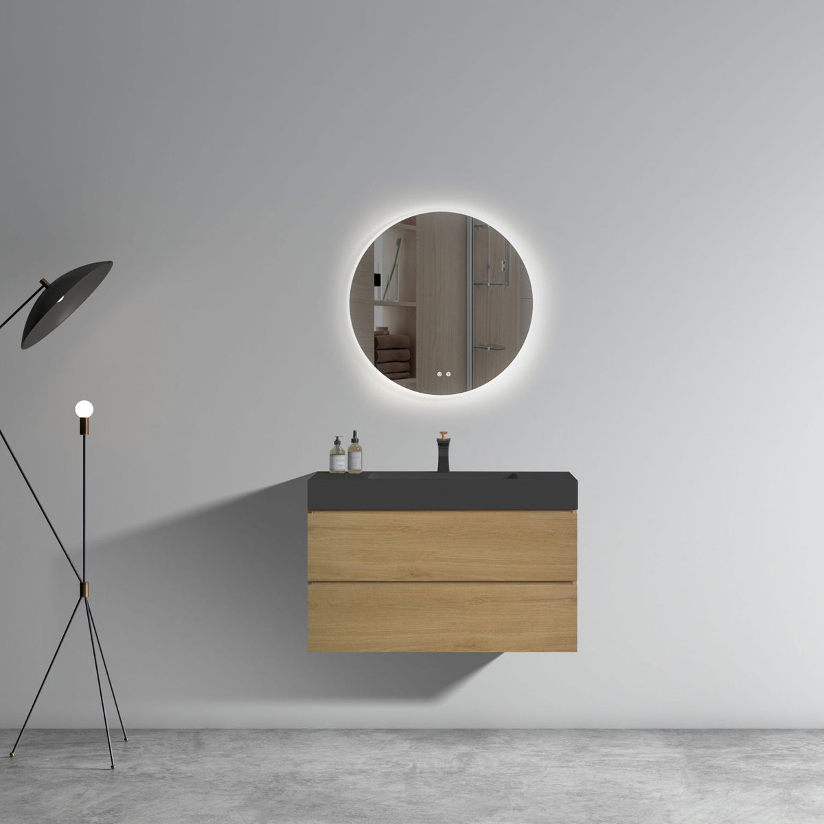 Alice - Natural Oak Bathroom Vanity With Sink, Large Storage Wall Mounted Floating Bathroom Vanity For Modern Bathroom, One-Piece Black Sink Basin Without Drain