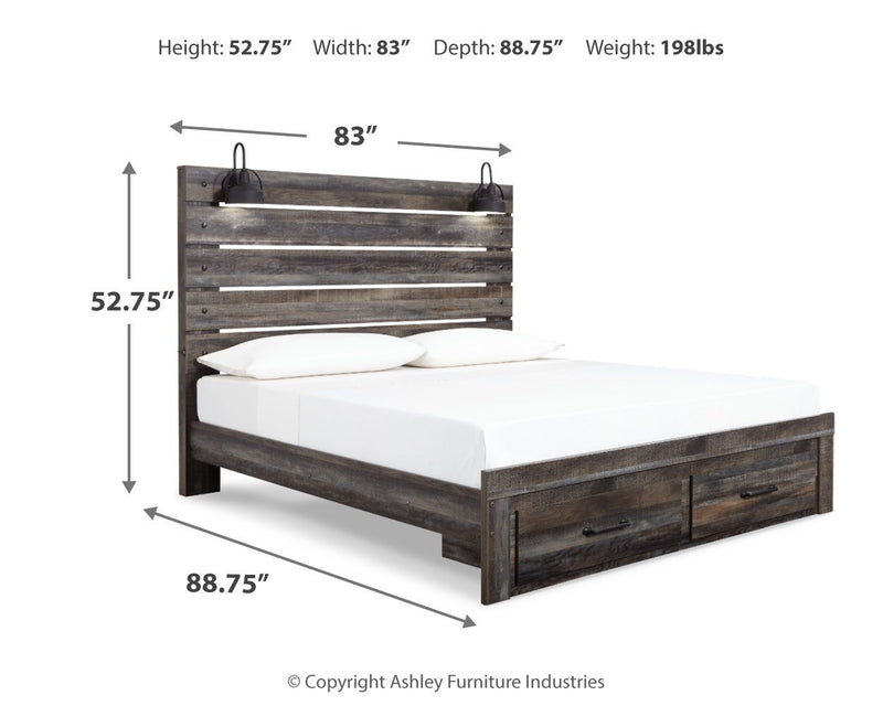 Panel bed with dark wood finish and built-in side drawers on the frame