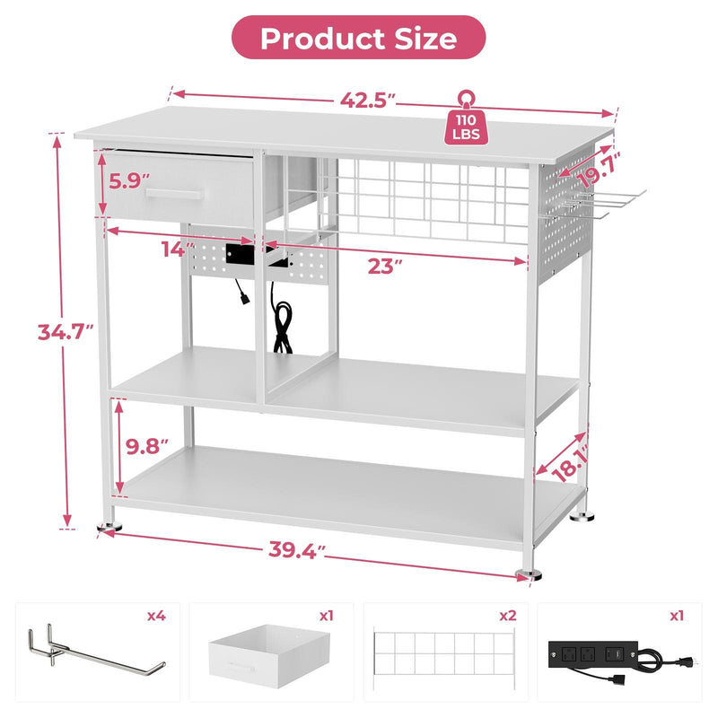 White heat press workbench size diagram with overall dimensions and weight