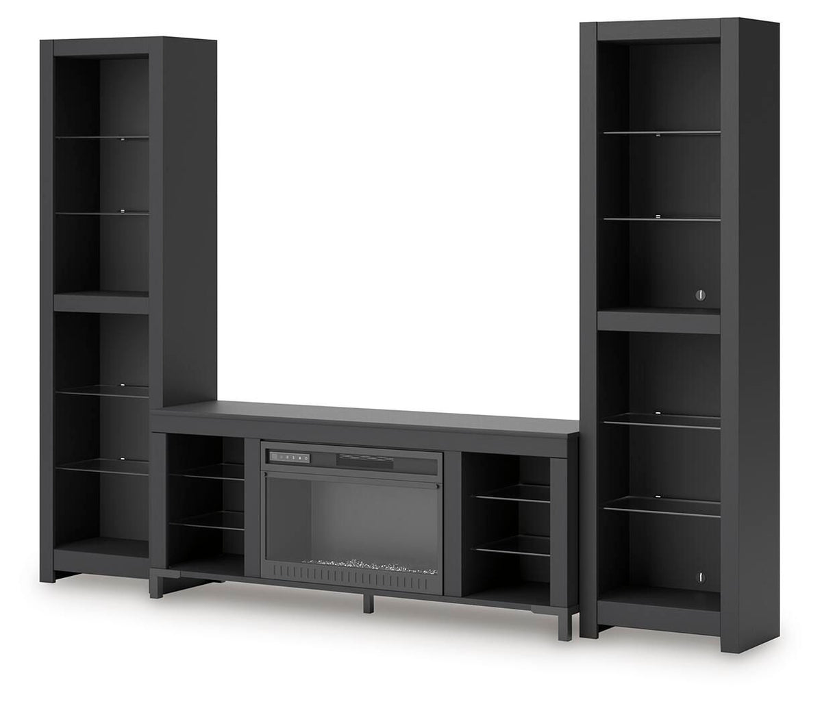 Black 3-piece entertainment center with electric fireplace and side bookcase shelves