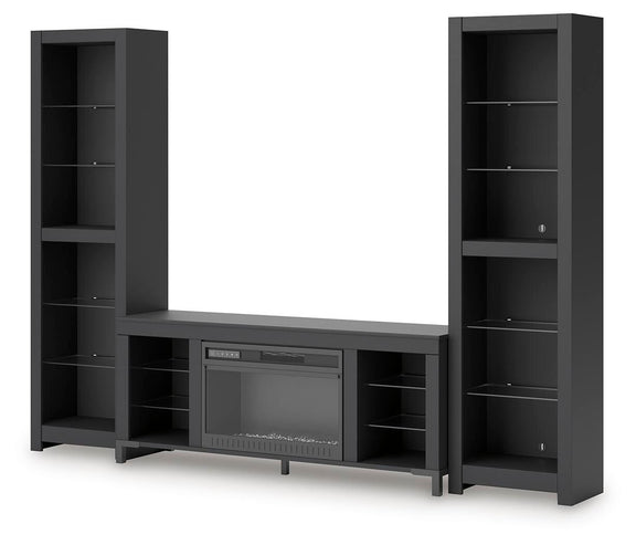 Black 3-piece entertainment center with electric fireplace and side bookcase shelves