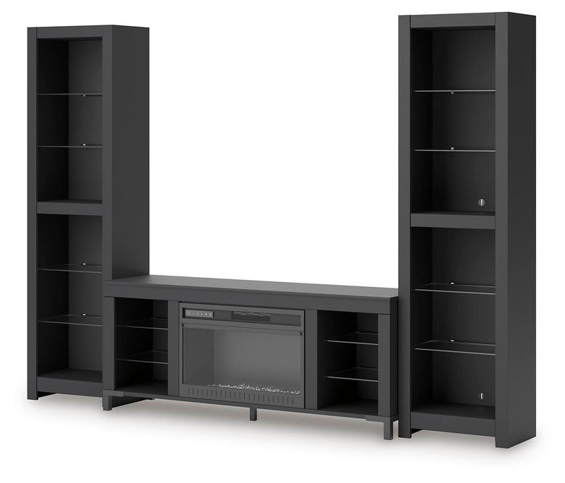 Black 3-piece entertainment center with electric fireplace and side bookcase shelves
