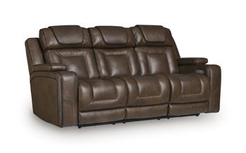 Dark brown leather recline sofa with padded arms and adjustable headrests