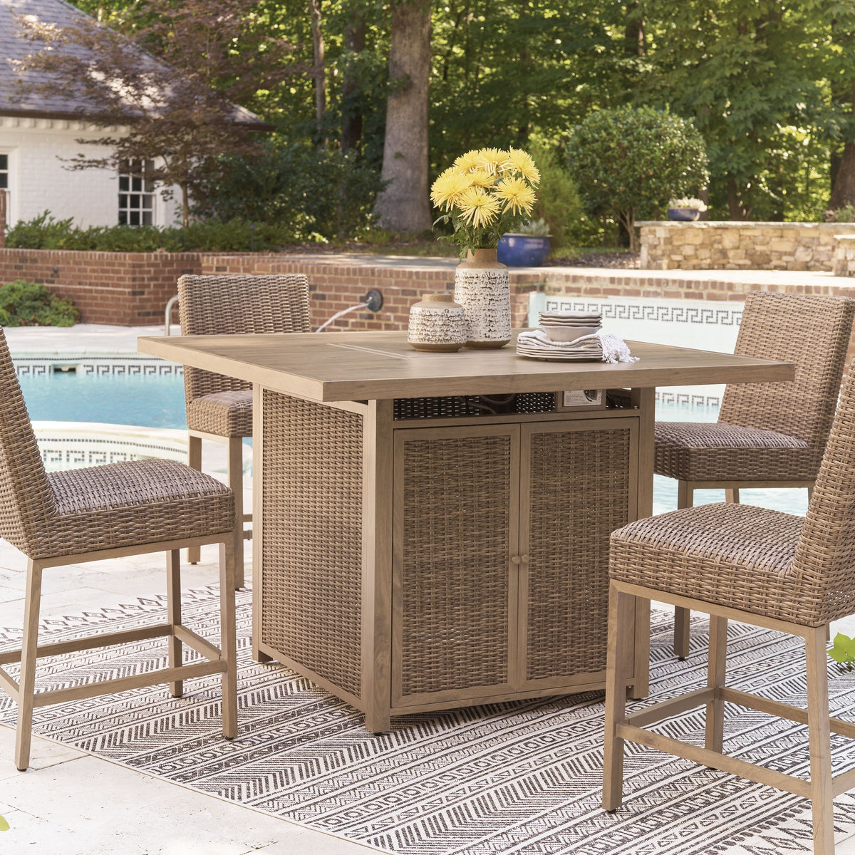 Walton Bridge - Driftwood - 5 Pc. - Square Bar Table W/Fire Pit, 4 Barstools