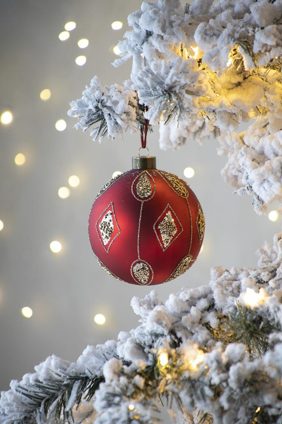 Red and gold decorative hanging Christmas ball ornament with diamond pattern and loop cap