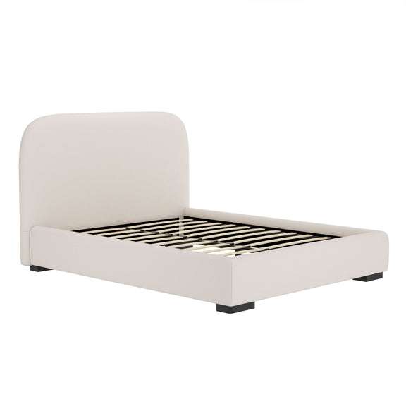 Beige upholstered bed with rounded headboard, open slat base and black support legs