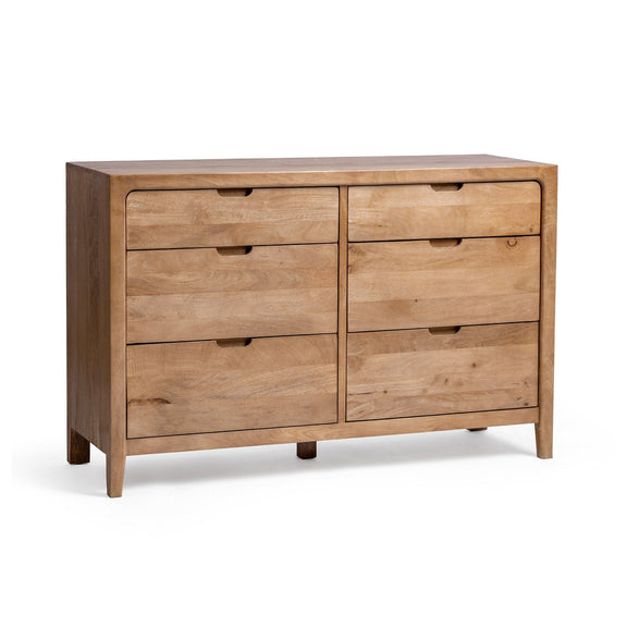 Natural maple dresser with six closed drawers and bar pulls, tapered legs