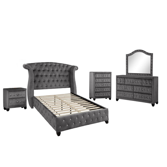 Tufted upholstered bed with nightstand, dresser and arched mirror, dark gray