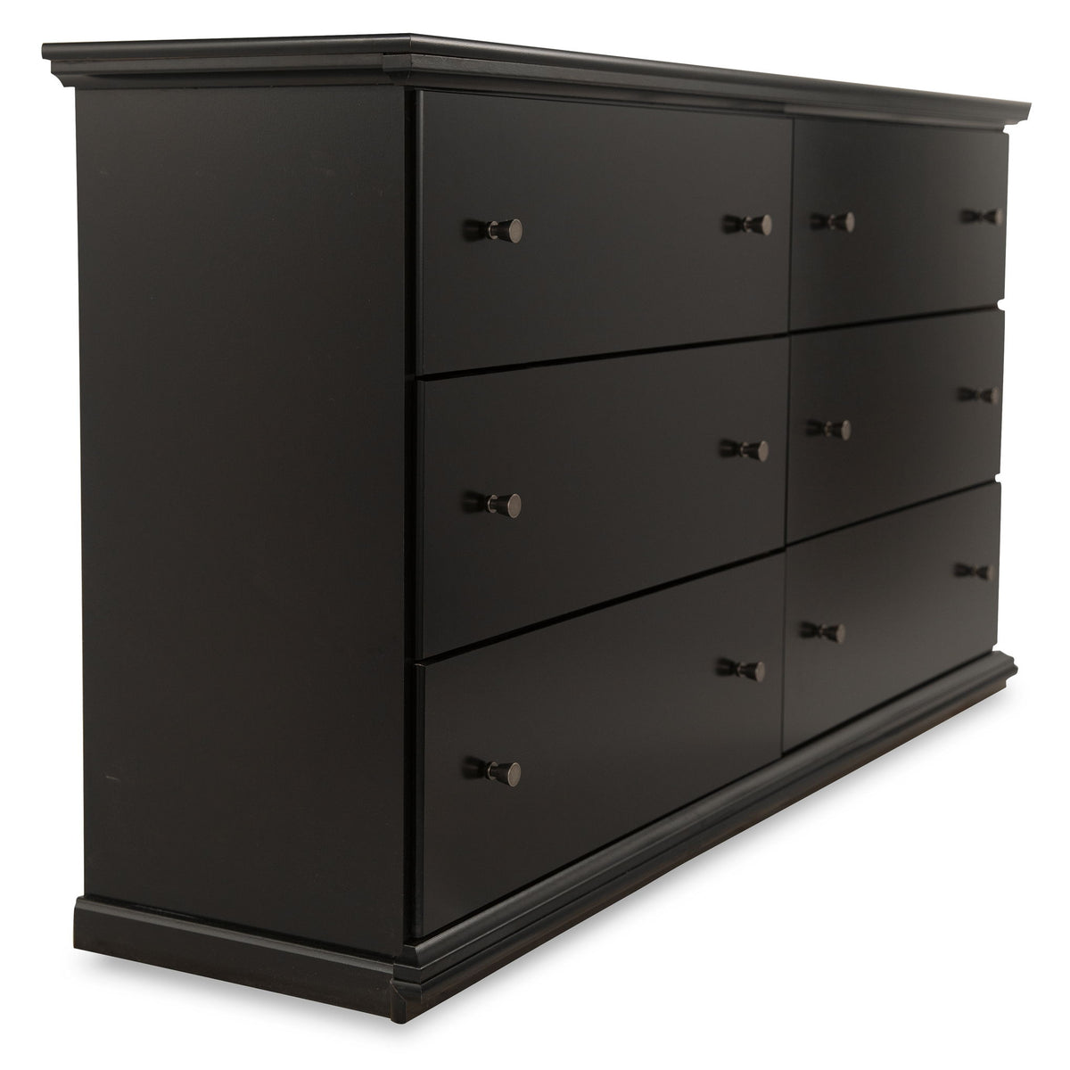 Black six-drawer dresser with metal knobs and clean-lined drawer fronts