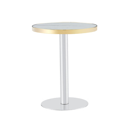 Round bistro table with white marble-look top, gold edge, and polished silver pedestal base.