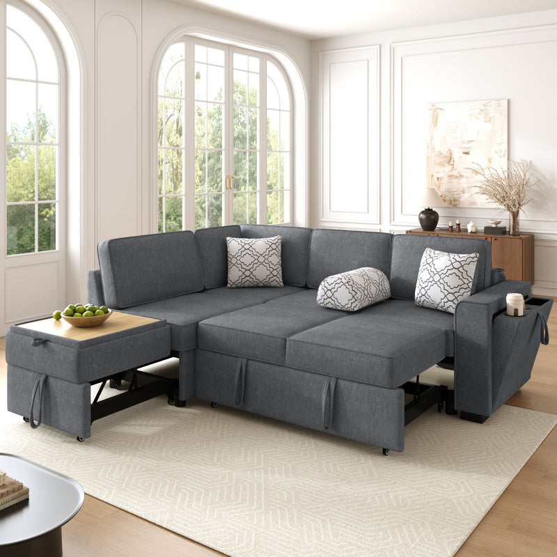 Convertible Sectional L-Shaped Sofa With Dual Pull-Out Sleepers, Flip-Top Table, USB Ports, Cup Holder & Storage