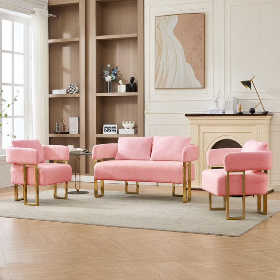 Pink upholstered side chair set with cushioned seats and gold-tone frame legs