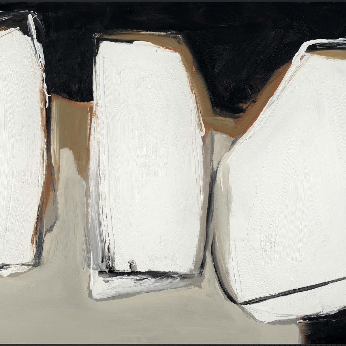 Abstract canvas-style wall art with three off-white vertical blocks and black accent lines