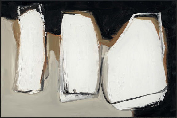 Abstract canvas-style wall art with three off-white vertical blocks and black accent lines