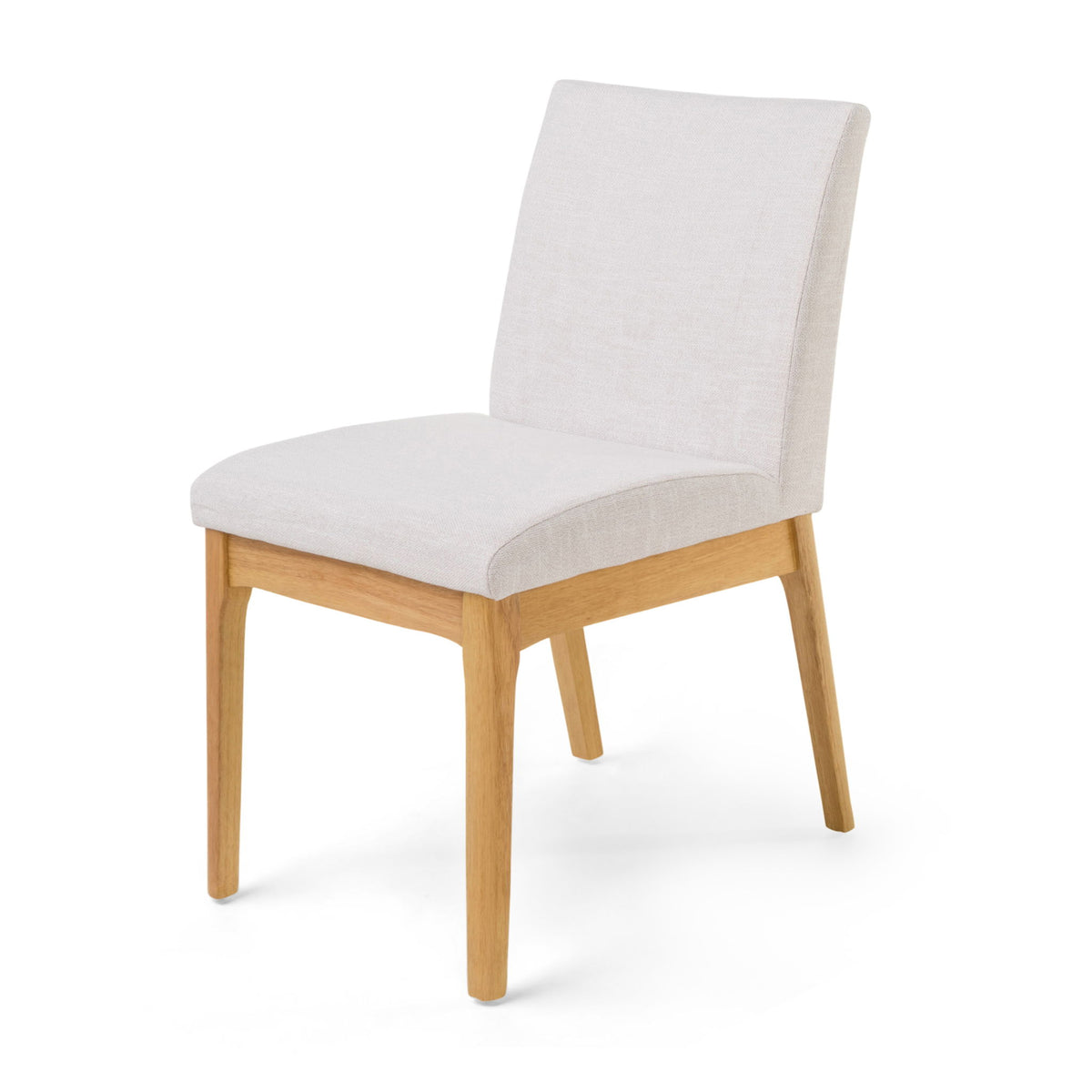 Light beige upholstered dining chair with solid wood legs and tall straight back