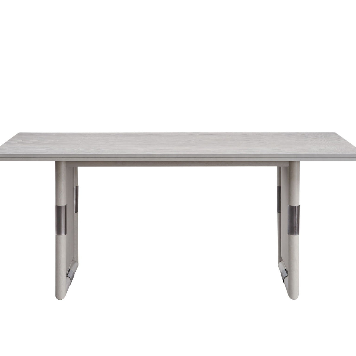 Rectangular natural dining table with light wood top and sturdy metal support legs