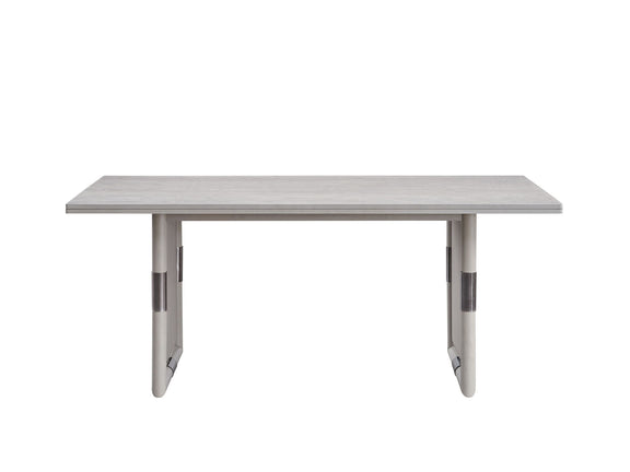 Rectangular natural dining table with light wood top and sturdy metal support legs