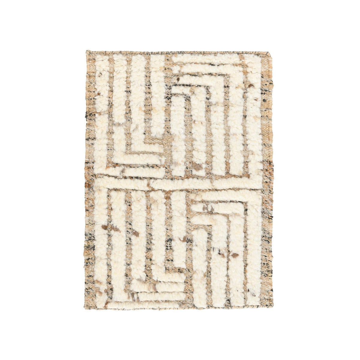 Natural beige rug with geometric maze pattern in cream and dark tan stitch-like lines