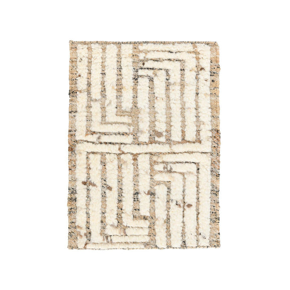 Natural beige rug with geometric maze pattern in cream and dark tan stitch-like lines