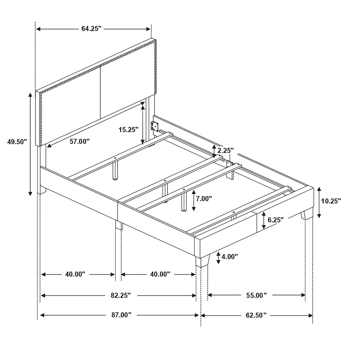 Bed frame dimensions diagram with headboard panel and slat support