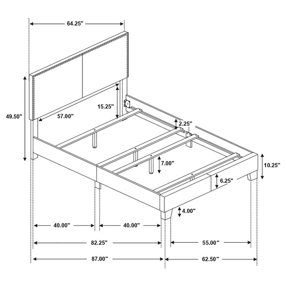 Bed frame dimensions diagram with headboard panel and slat support