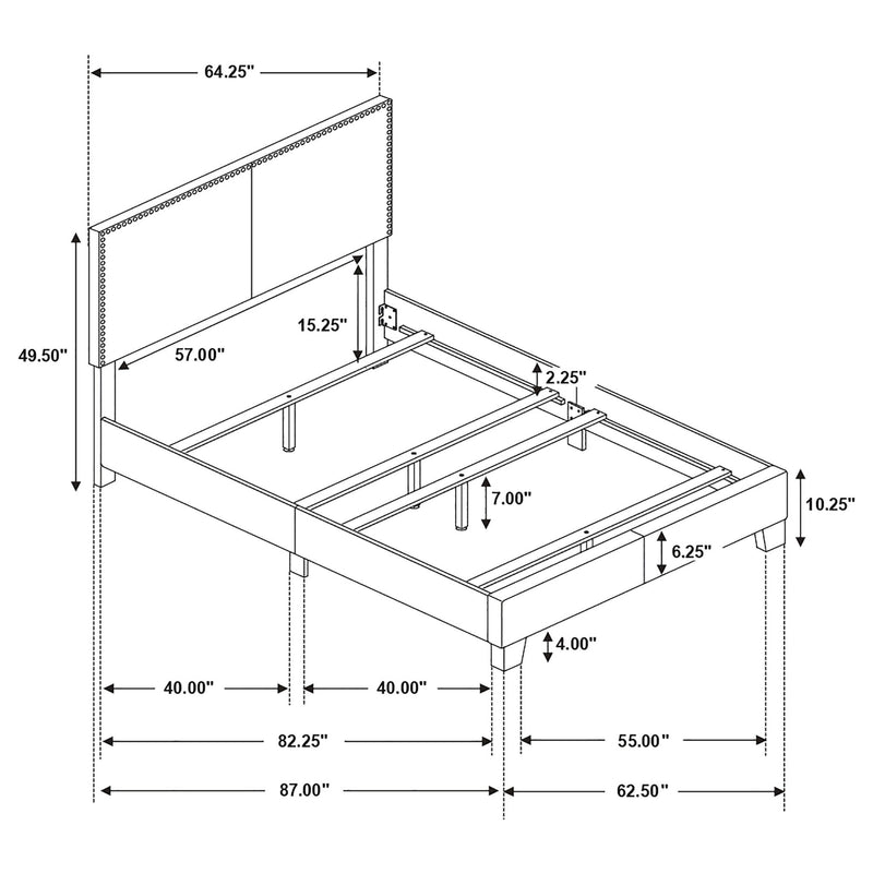 Bed frame dimensions diagram with headboard panel and slat support