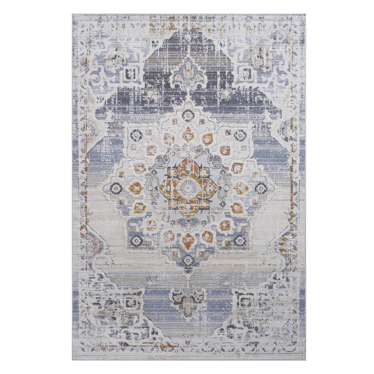 Payas medallion area rug, light cream with blue and orange medallion, top view
