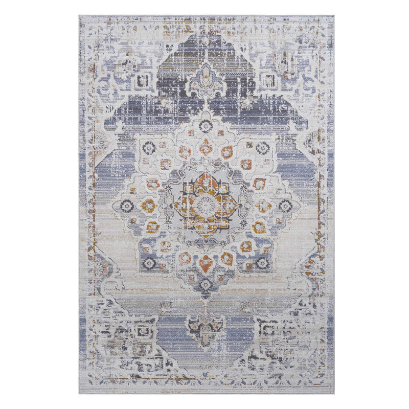 Payas medallion area rug, light cream with blue and orange medallion, top view
