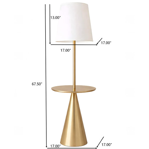 Gold and white floor lamp dimensions diagram: white shade, round accent base