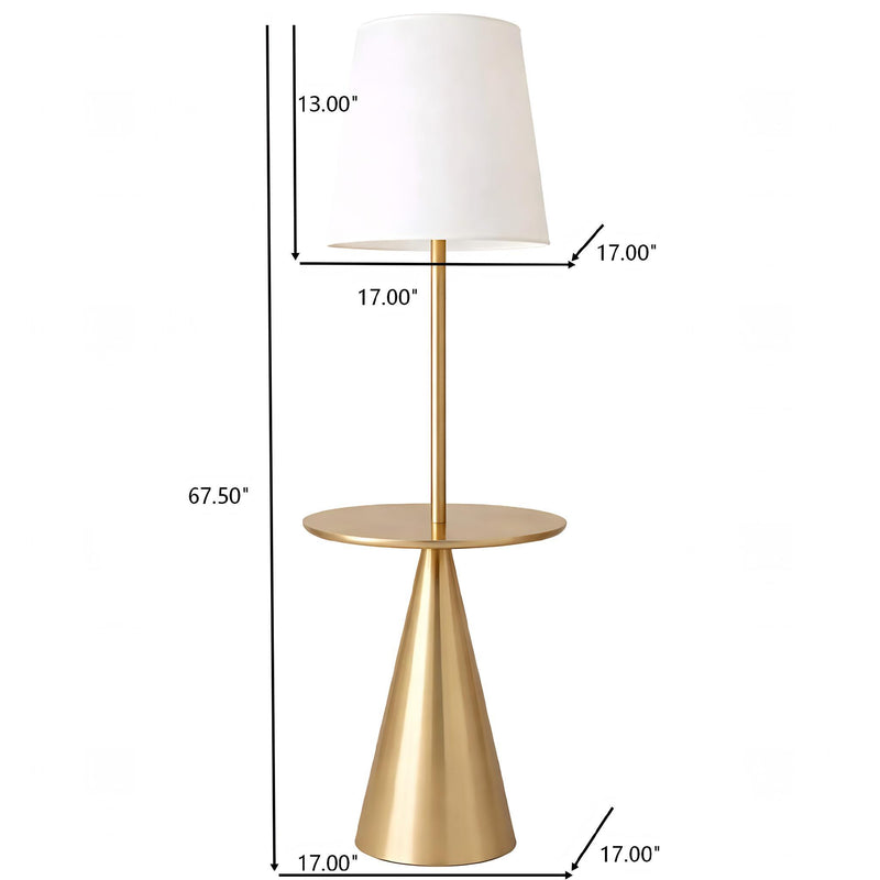 Gold and white floor lamp dimensions diagram: white shade, round accent base