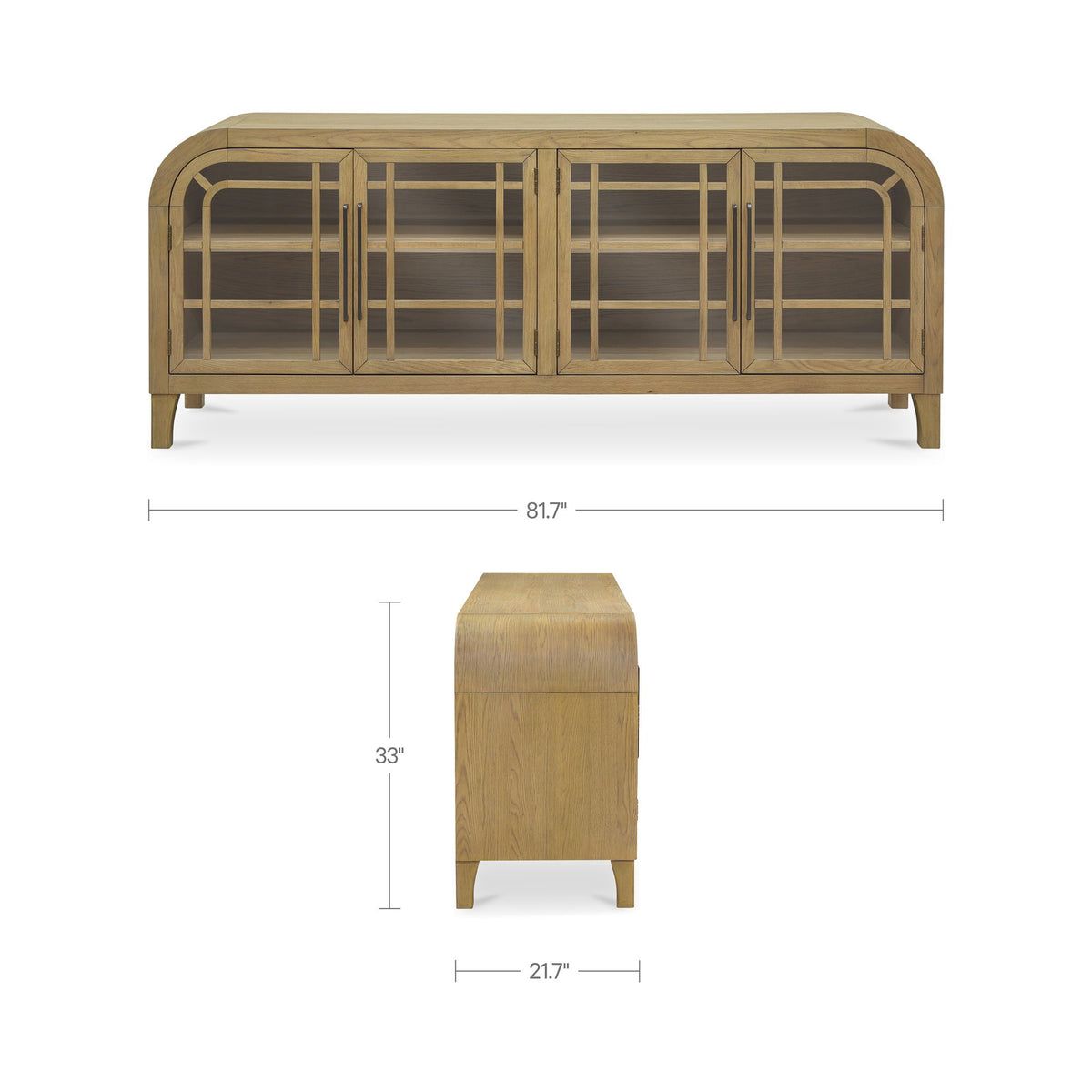 Natural wood sideboard with glass-paneled doors and shown size (81.7 in wide).
