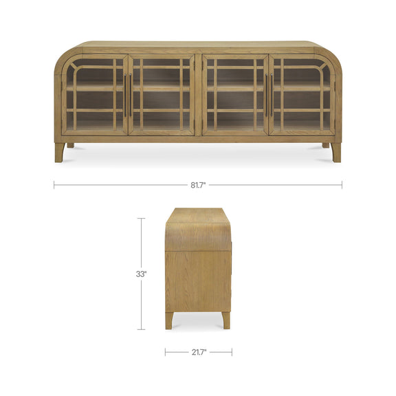 Natural wood sideboard with glass-paneled doors and shown size (81.7 in wide).
