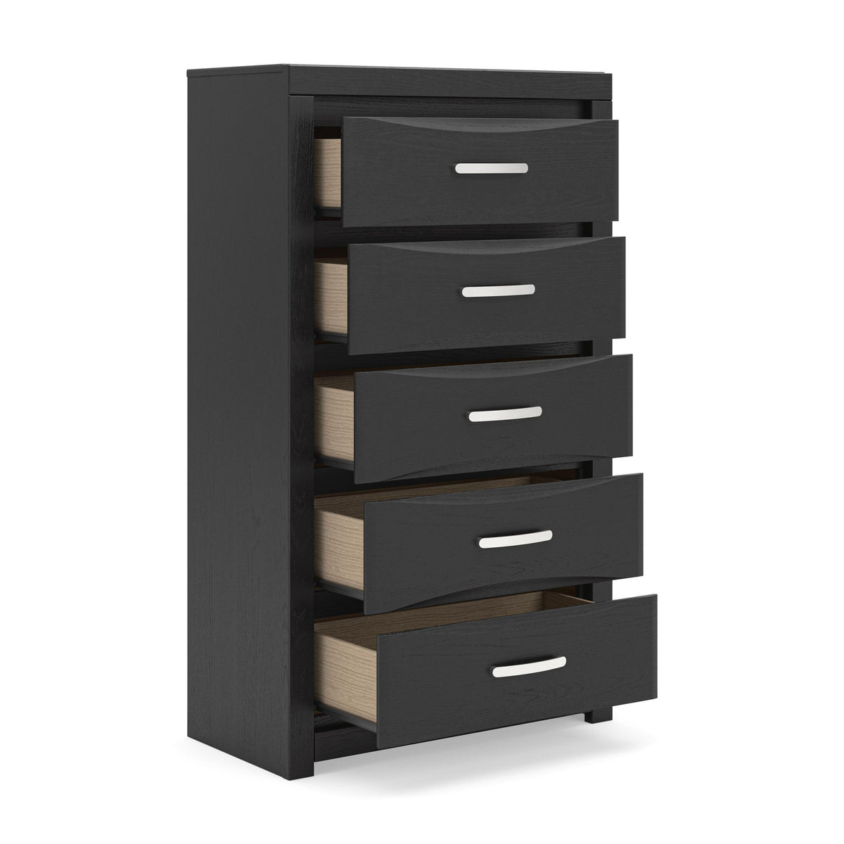 Black five-drawer chest with all drawers open, showing light wood interiors
