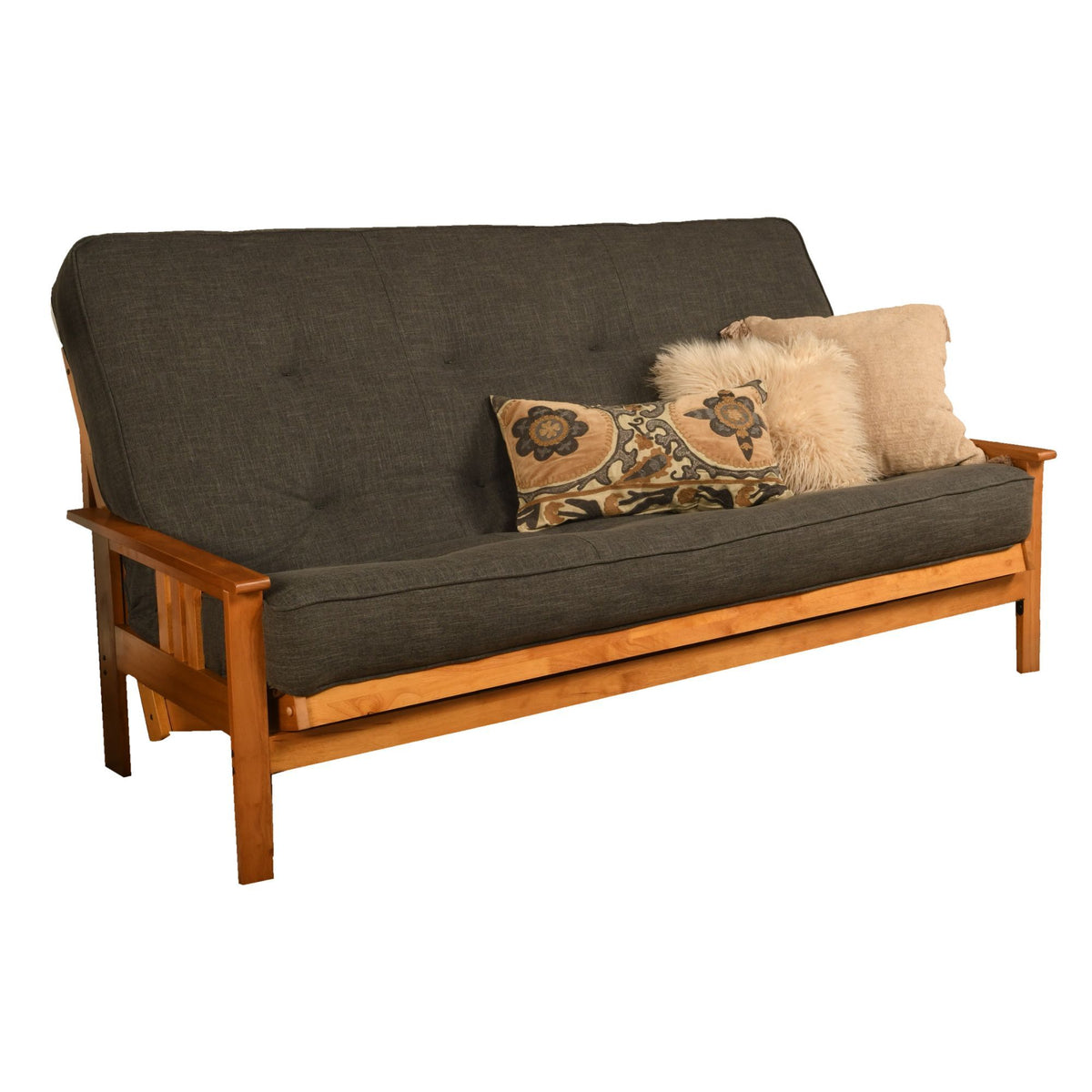Queen-size futon frame sofa with dark gray fabric, tufted back, and decorative throw pillows
