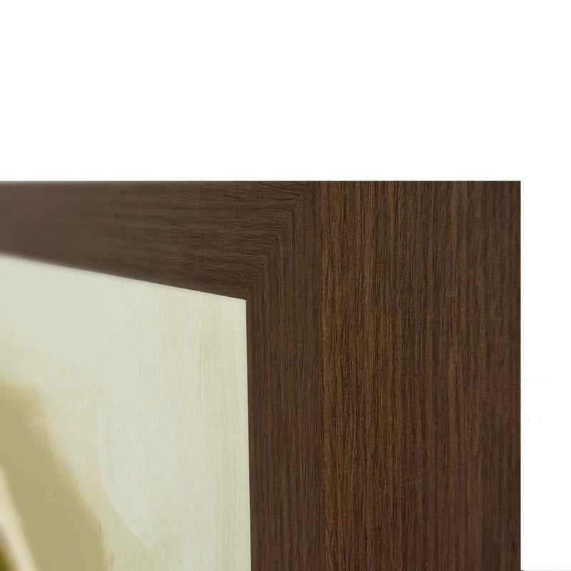 Walnut wood frame corner with visible vertical grain and dark brown stain