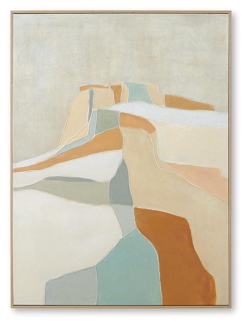 Framed abstract wall art with blue, tan, and orange geometric shapes