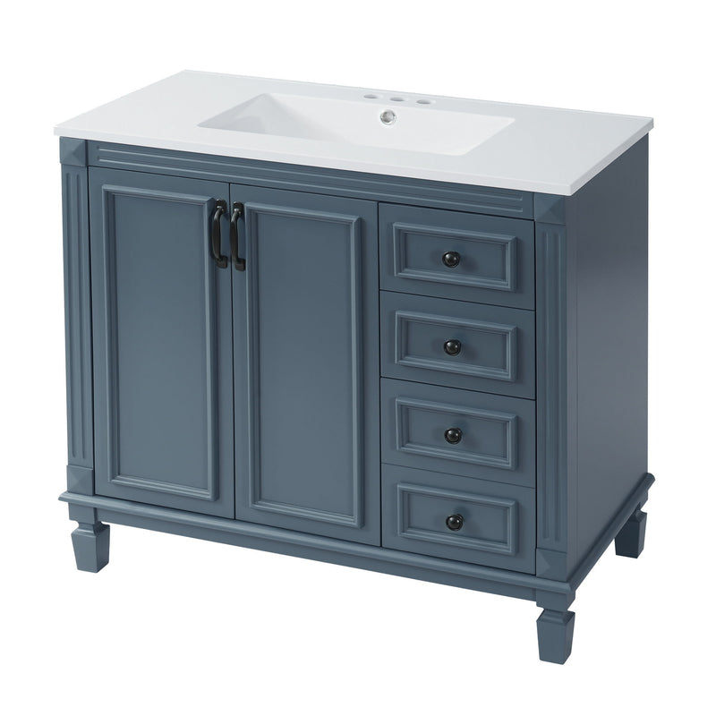 Blue bathroom vanity with white sink top, two cabinet doors, four drawers, and legs