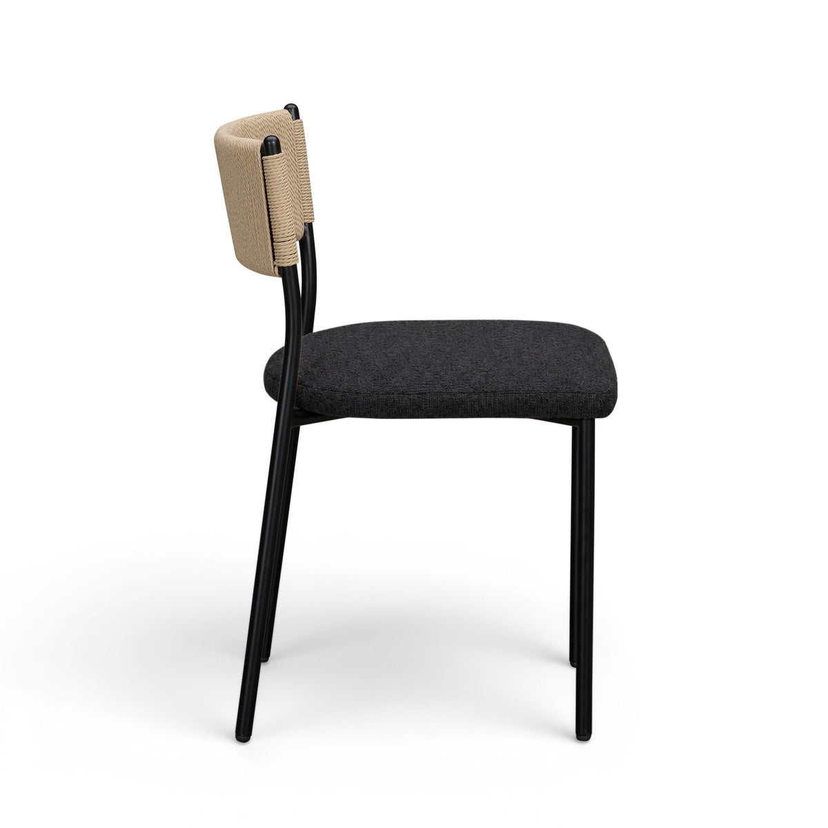 Boucle dining chair with beige fabric back, dark gray seat cushion, and black curved arms
