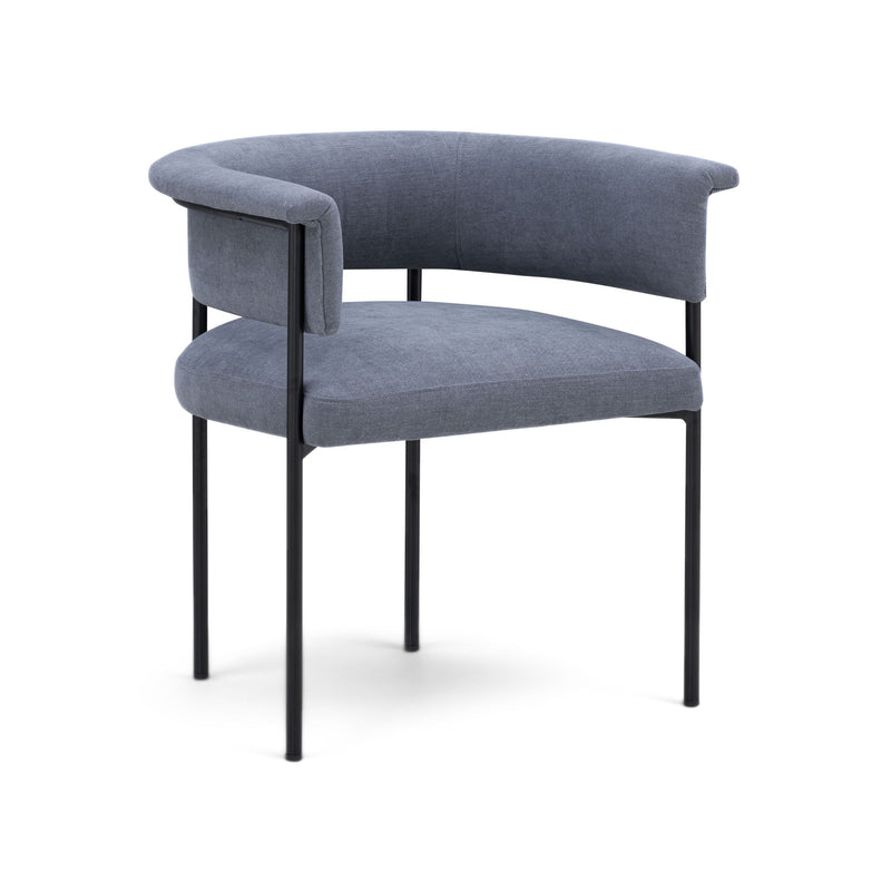 Dark blue upholstered dining chair with wide arms, padded seat, and black legs