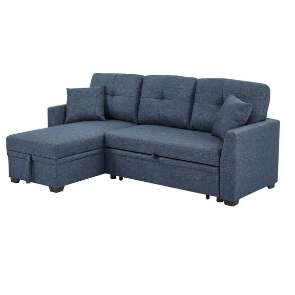 Blue upholstered sectional sofa with chaise and tufted cushions