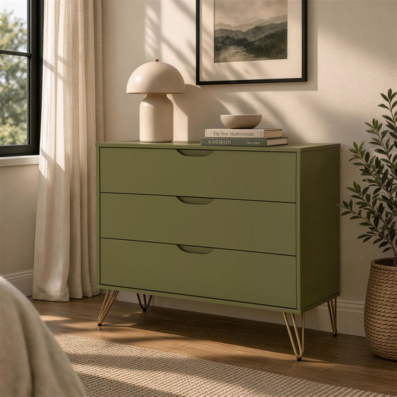 Green dresser with three drawers and angled metal legs