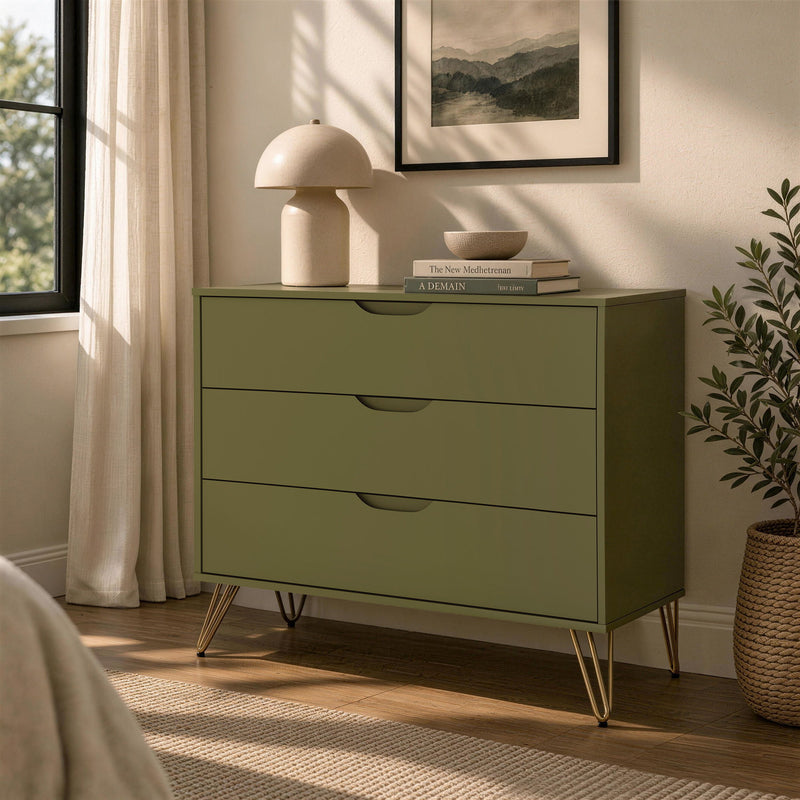 Green dresser with three drawers and angled metal legs