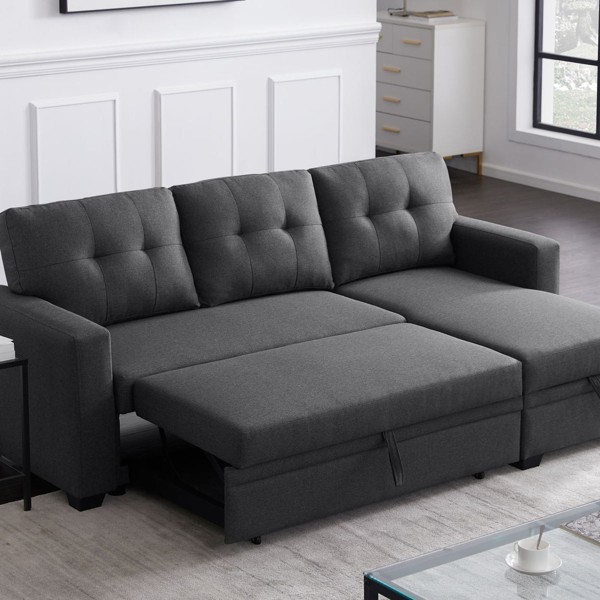 Upholstered Cushions Pull Out Sectional Sofa With Chaise
