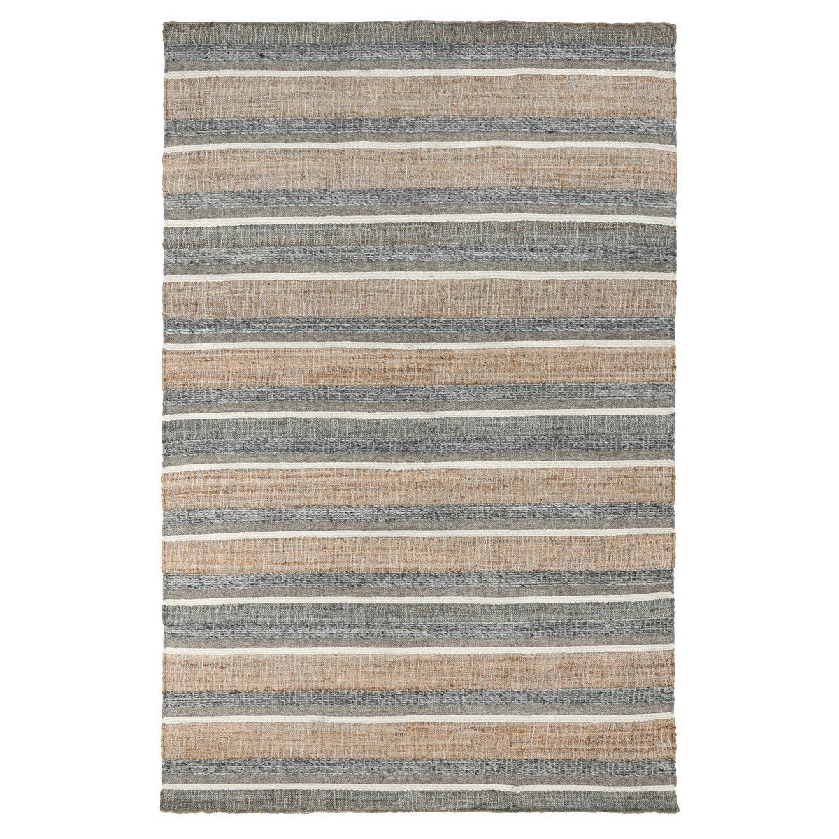 Coronado rug striped design in beige, tan, and blue-gray with low-pile woven texture