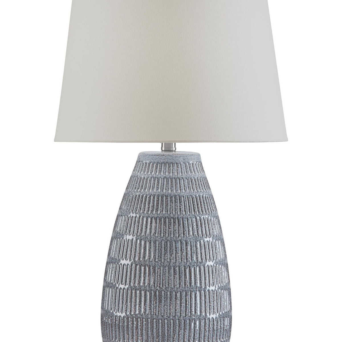 Ceramic table lamp with white drum shade and rounded blue-gray ceramic base