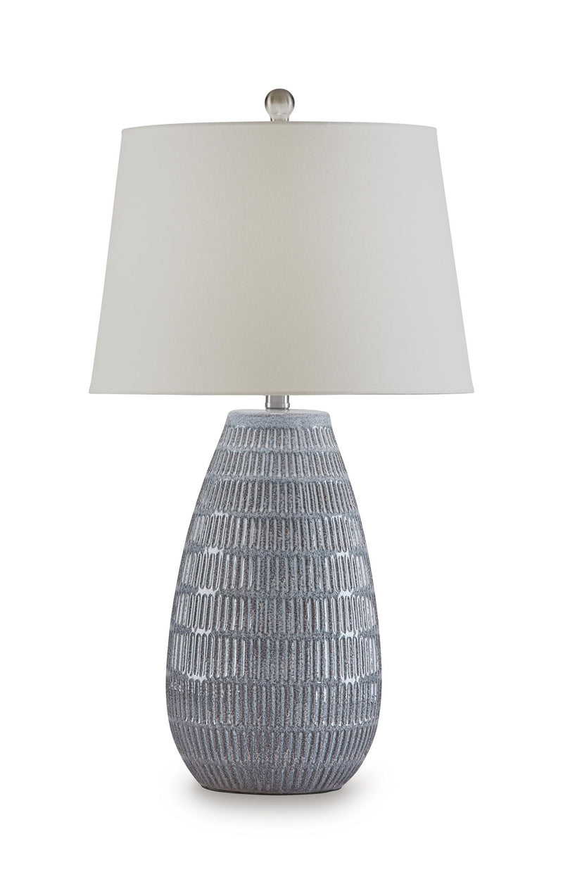 Ceramic table lamp with white drum shade and rounded blue-gray ceramic base