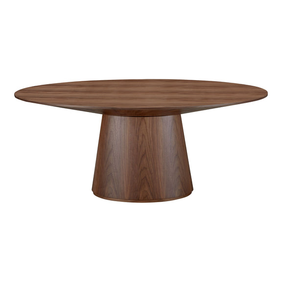 Natural walnut oval dining table with rounded pedestal base