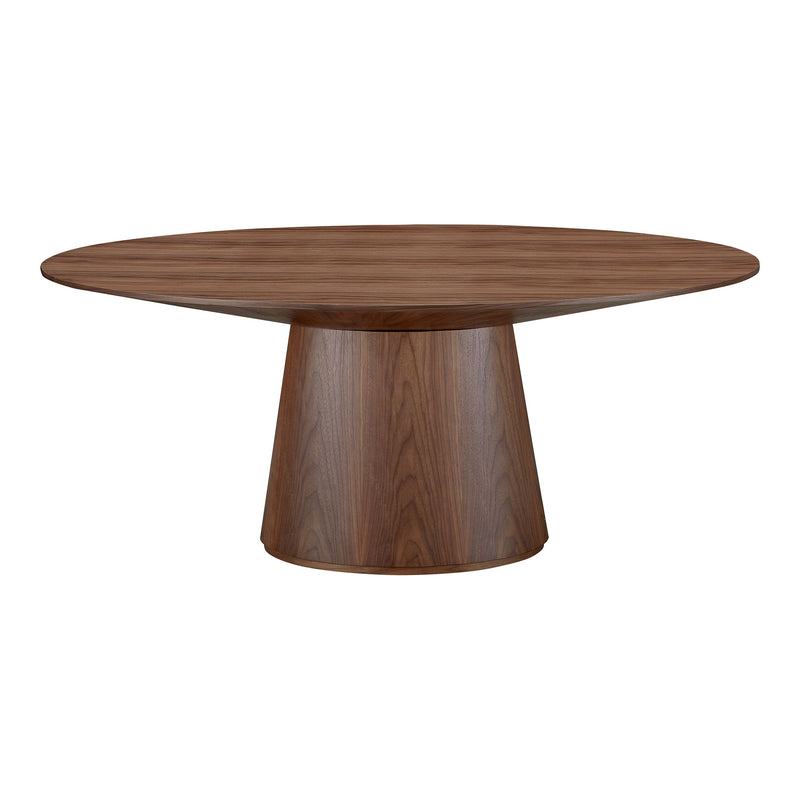 Natural walnut oval dining table with rounded pedestal base